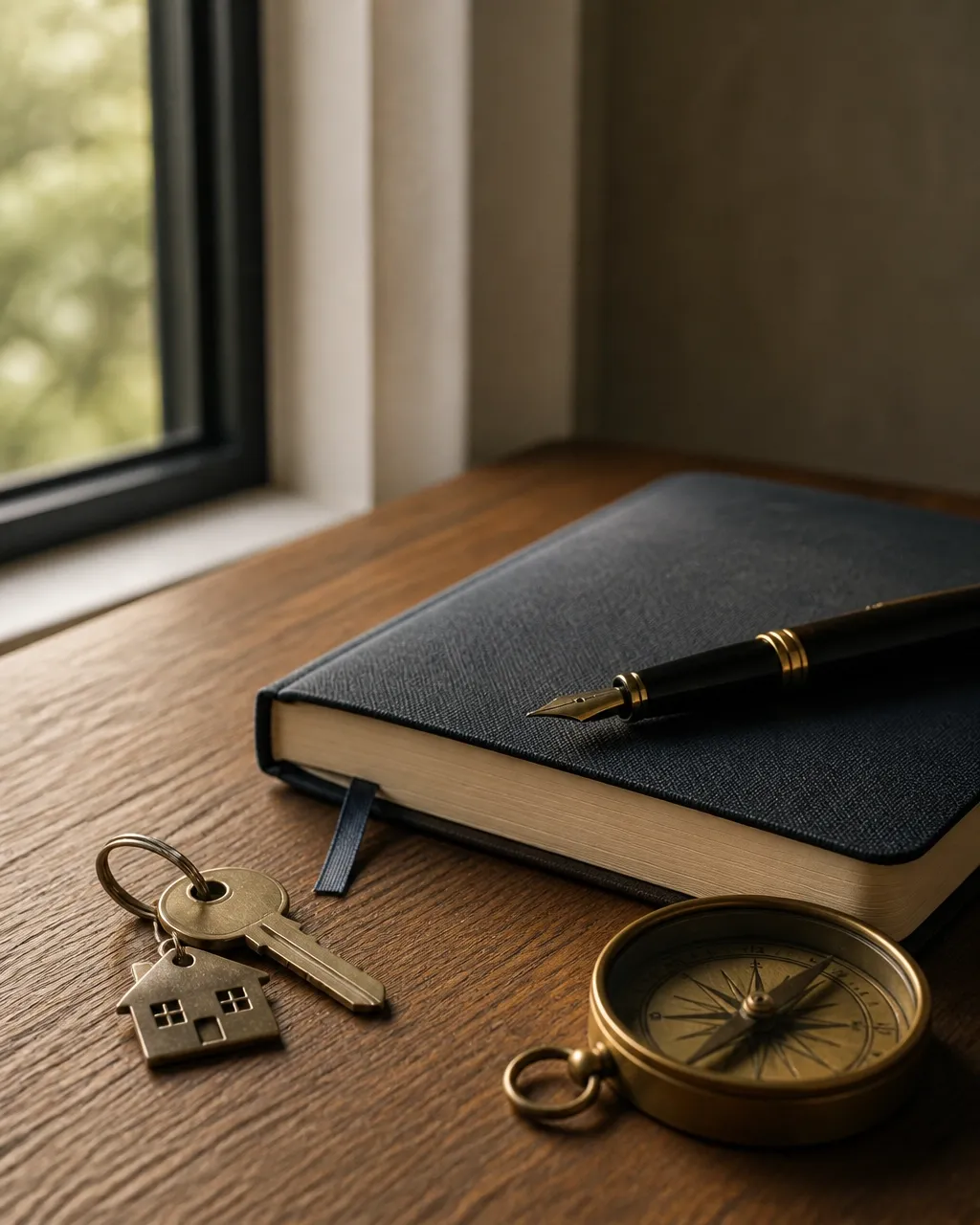 A brass compass and notebook on a warm wooden table