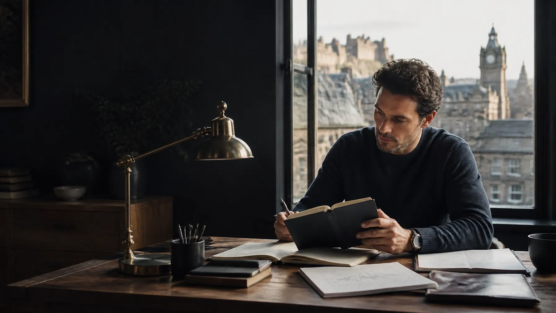 A mentor planning the next step at a desk by a window